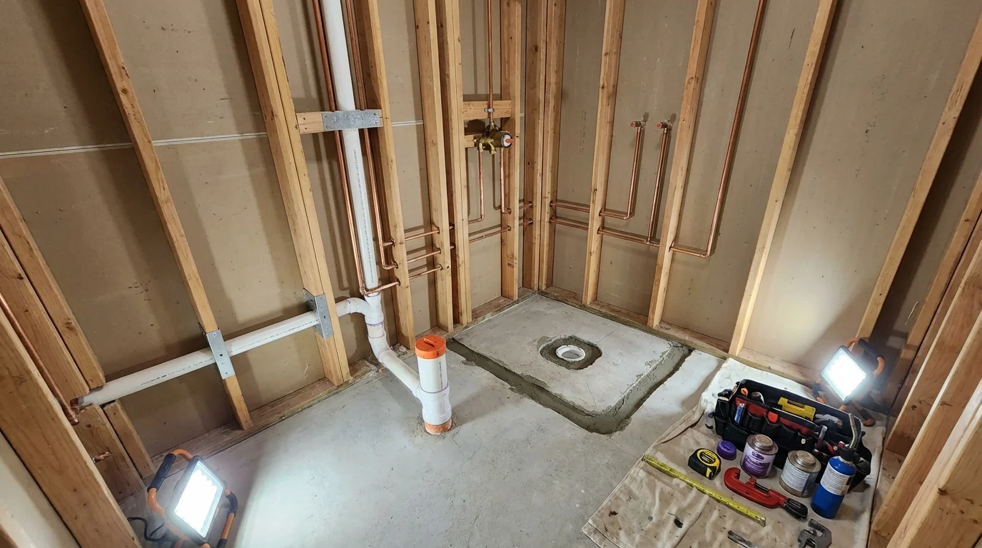 Bathroom rough-in plumbing during remodel by Johns Plumbing LLC in Ellington