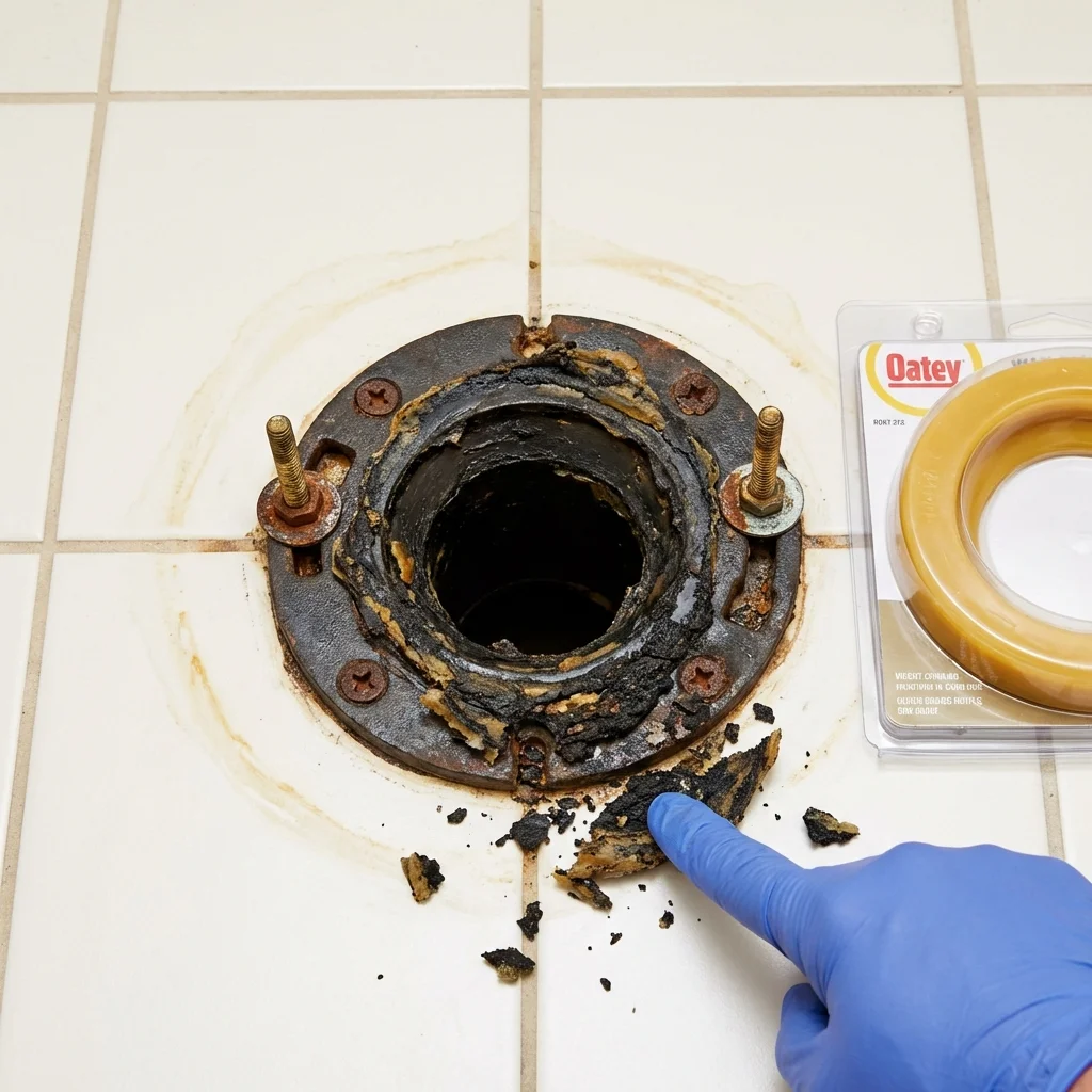 Failed wax ring showing water seepage at the base of a toilet in a Ellington, CT home