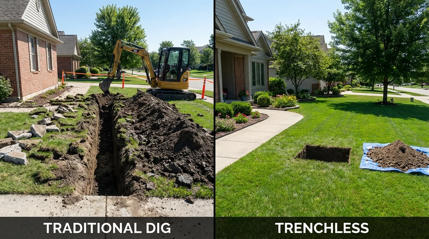 Trenchless sewer repair with minimal yard damage versus traditional excavation in Ellington, CT