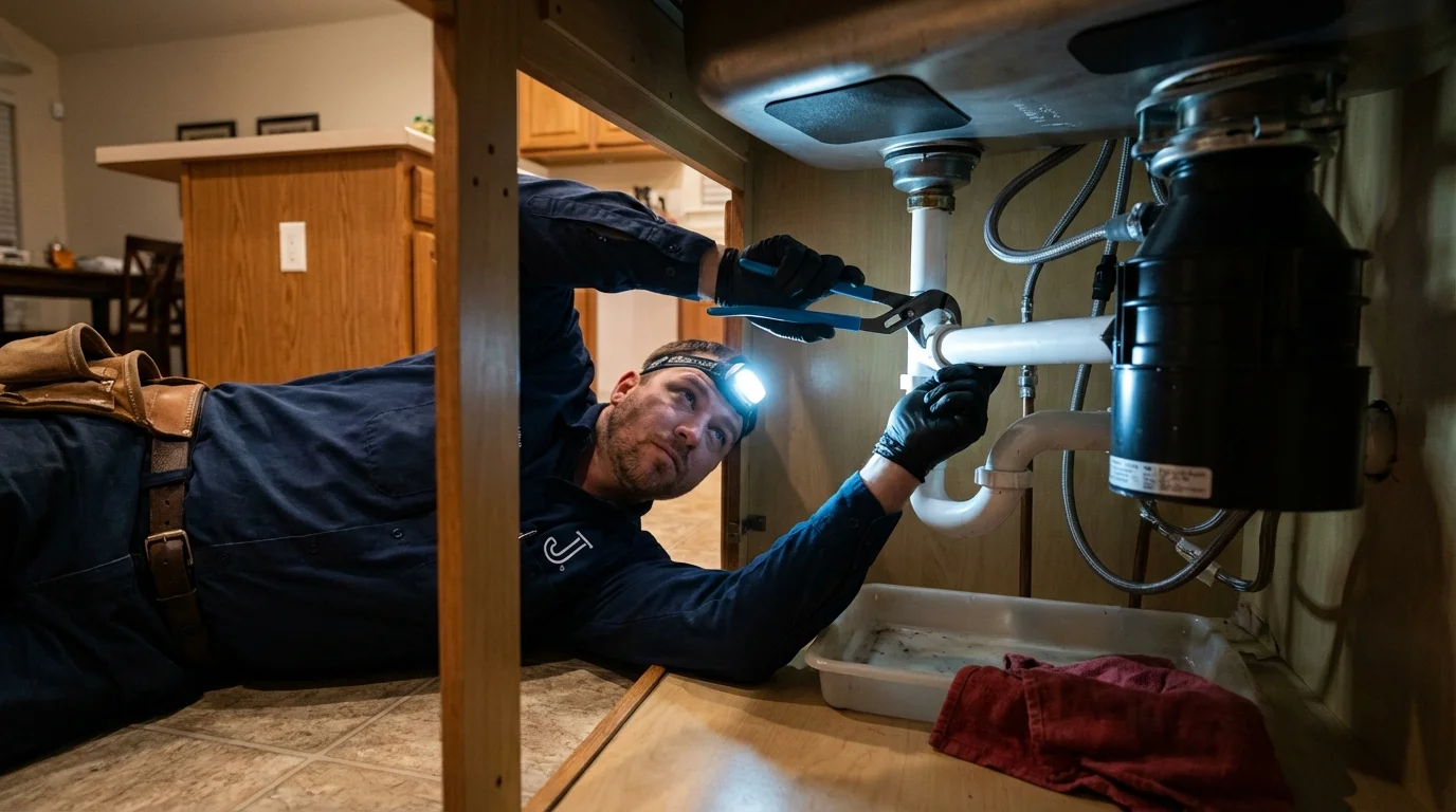 P-trap and supply line connections under a kitchen sink showing a common leak point in Ellington, CT